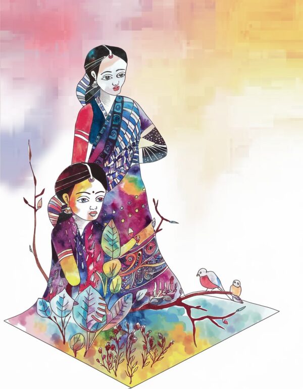 Vibrant Traditional Indian Women Illustration Wall Art - Image 2