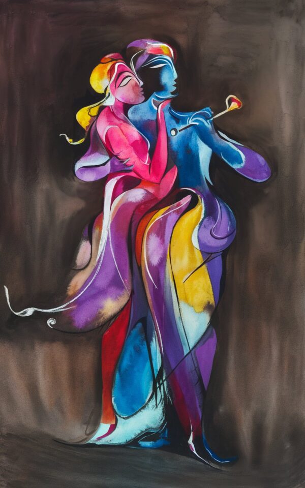 Abstract Watercolor Portrait of Lord Krishna and Radha - Image 2